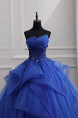 Formal Dresses For Teen, Blue Lace Strapless Ball Gown Formal Dress, Blue Long Sweet 16 Dress
