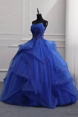 Formal Dress For Teens, Blue Lace Strapless Ball Gown Formal Dress, Blue Long Sweet 16 Dress