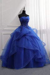 Formal Dress Vintage, Blue Lace Strapless Ball Gown Formal Dress, Blue Long Sweet 16 Dress