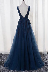 Formal Dresses Modest, Blue Long A-line Bridesmaid Dress, Dark Blue Tulle Party Dress
