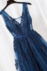 Formal Dress Modest, Blue Long A-line Bridesmaid Dress, Dark Blue Tulle Party Dress