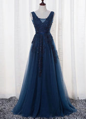Formal Dress For Beach Wedding, Blue Long A-line Bridesmaid Dress, Dark Blue Tulle Party Dress