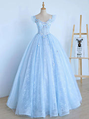 Elegant Wedding, Blue Long Lace Floral Prom Dresses, Long Blue Lace Formal Evening Dresses with Flowers