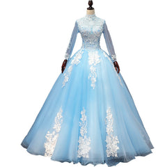 Simple Prom Dress, Blue Long Sleeves lace Tulle Sweet 16 Dress, Light Blue Ball Gown Formal Dress, Party Dress