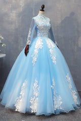 Midi Dress, Blue Long Sleeves lace Tulle Sweet 16 Dress, Light Blue Ball Gown Formal Dress, Party Dress