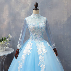 Unique Wedding Dress, Blue Long Sleeves lace Tulle Sweet 16 Dress, Light Blue Ball Gown Formal Dress, Party Dress