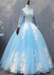 Mismatched Bridesmaid Dress, Blue Long Sleeves lace Tulle Sweet 16 Dress, Light Blue Ball Gown Formal Dress, Party Dress