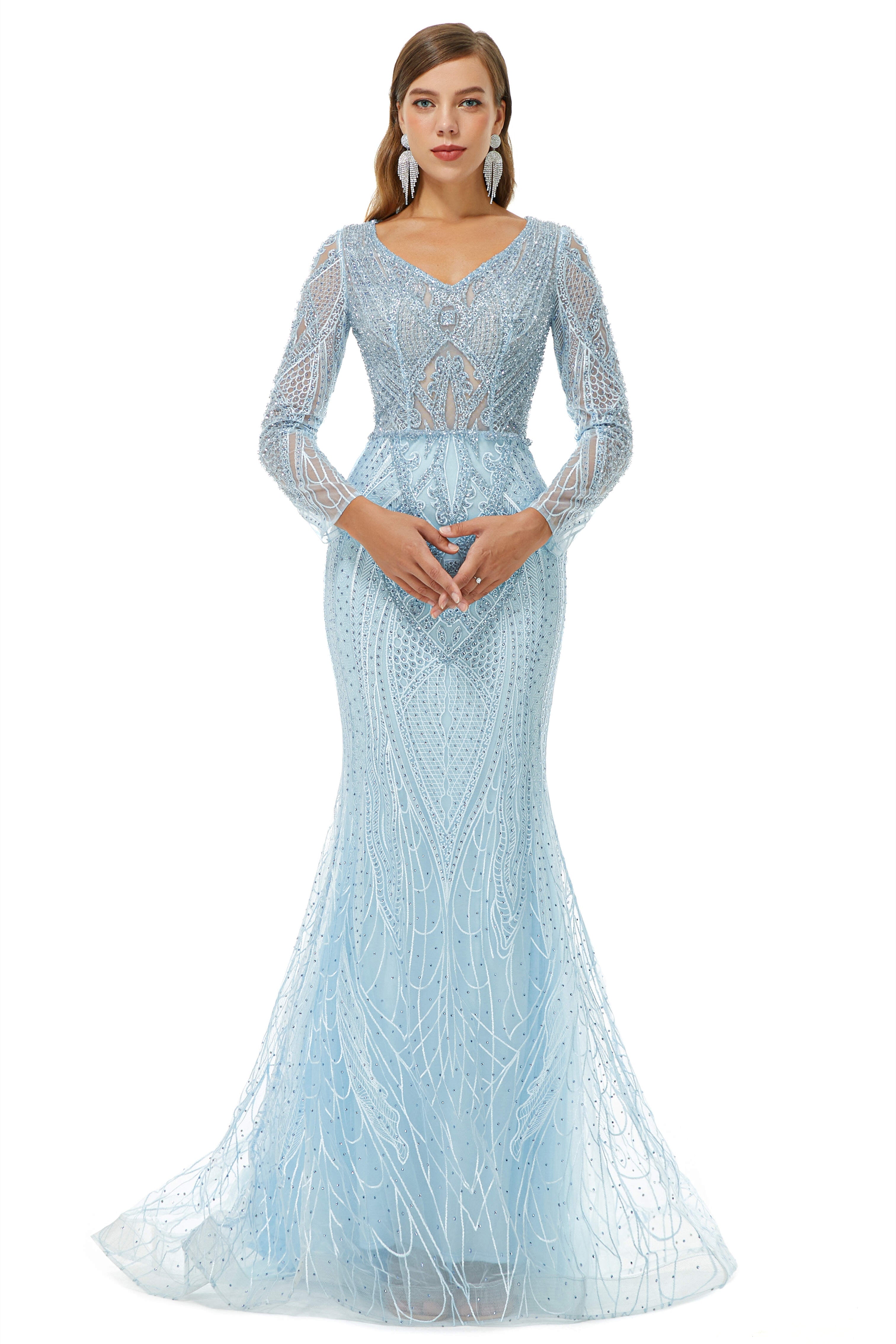 Prom Dress Inspo, Neckline Long Sleeve Mermaid Lace Pattern Tulle Beading Prom Dresses