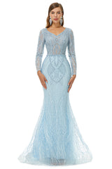 Classy Dress Outfit, Neckline Long Sleeve Mermaid Lace Pattern Tulle Beading Prom Dresses