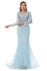 Fantasy Dress, Neckline Long Sleeve Mermaid Lace Pattern Tulle Beading Prom Dresses