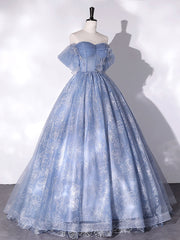 Party Dress Boots, Blue Off Shoulder Ball Gown Floral Tulle Party Dress, Blue Sweet 16 Dress