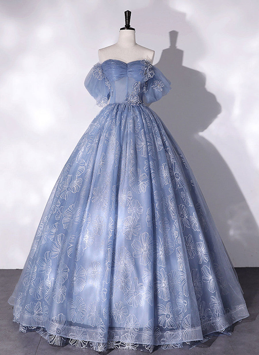 Party Dress Man, Blue Off Shoulder Ball Gown Floral Tulle Party Dress, Blue Sweet 16 Dress
