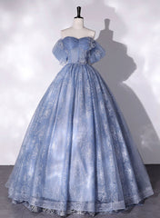 Party Dress Man, Blue Off Shoulder Ball Gown Floral Tulle Party Dress, Blue Sweet 16 Dress