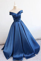 Bridesmaid Dresses Fall Color, Blue Off Shoulder Satin Long Prom Dresses, Off Shoulder Blue Formal Dresses, Ball Gown, Evening Dresses