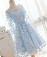 Evening Dresses Long, Blue Round Neck Lace Short Prom Dress, Blue Bridesmaid Dress, Homecoming Dress