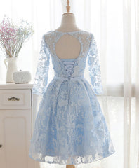 Evening Dresses Online Shopping, Blue Round Neck Lace Short Prom Dress, Blue Bridesmaid Dress, Homecoming Dress