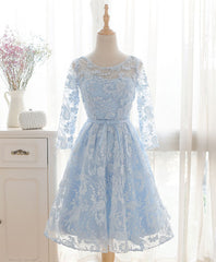 Wedding Party Dress, Blue Round Neck Lace Short Prom Dress, Blue Bridesmaid Dress, Homecoming Dress