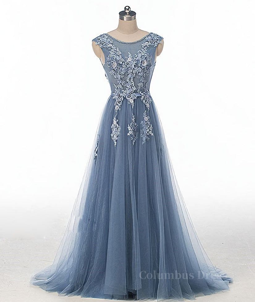 Evening Dresses Long Sleeve, Blue round neck tulle lace applique long prom dress, blue evening dress