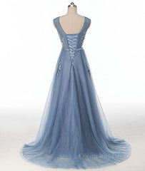 Evening Dress Long Sleeve, Blue round neck tulle lace applique long prom dress, blue evening dress