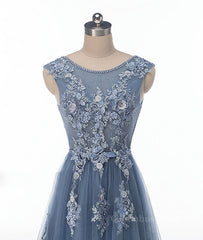 Evening Dresses 3 7 Sleeve, Blue round neck tulle lace applique long prom dress, blue evening dress