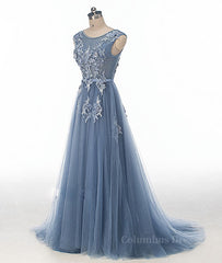 Evening Dresses Gold, Blue round neck tulle lace applique long prom dress, blue evening dress