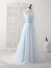 Midi Dress, Blue Round Neck Tulle Lace Applique Long Prom Dresses
