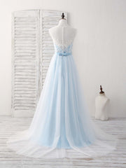 Unique Wedding Dress, Blue Round Neck Tulle Lace Applique Long Prom Dresses