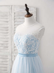 Elegant Prom Dress, Blue Round Neck Tulle Lace Applique Long Prom Dresses