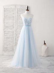 Simple Prom Dress, Blue Round Neck Tulle Lace Applique Long Prom Dresses
