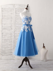 Party Dress Clubwear, Blue Round Neck Tulle Lace Applique Tea Long Prom Dress, Bridesmaid Dress