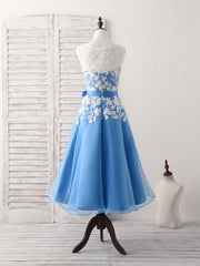 Party Dresses Indian, Blue Round Neck Tulle Lace Applique Tea Long Prom Dress, Bridesmaid Dress