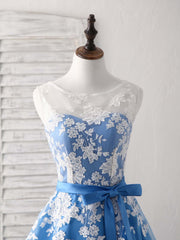 Party Dress Indian, Blue Round Neck Tulle Lace Applique Tea Long Prom Dress, Bridesmaid Dress