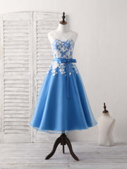 Party Dresses Clubwear, Blue Round Neck Tulle Lace Applique Tea Long Prom Dress, Bridesmaid Dress