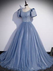 Formal Dress Outfit Ideas, Blue Round Neck Tulle Sequin Beads Long Prom Dress, Blue Evening Dress