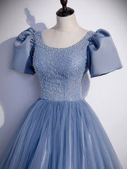 Formal Dresses Outfit Ideas, Blue Round Neck Tulle Sequin Beads Long Prom Dress, Blue Evening Dress
