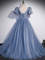 Formal Dress Attire, Blue Round Neck Tulle Sequin Beads Long Prom Dress, Blue Evening Dress