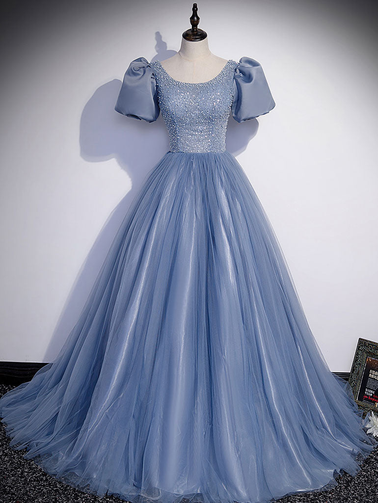 Formal Dress Elegant, Blue Round Neck Tulle Sequin Beads Long Prom Dress, Blue Evening Dress