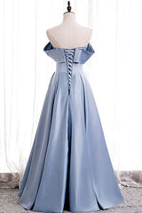 Prom Dresses Corset, Blue Satin A-line Off-the-Shoulder Beaded Prom Dresses,evening party dress