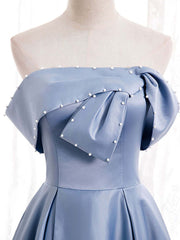 Prom Dress Boho, Blue Satin A-line Off-the-Shoulder Beaded Prom Dresses,evening party dress