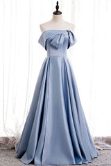 Prom Dress Dresses, Blue Satin A-line Off-the-Shoulder Beaded Prom Dresses,evening party dress