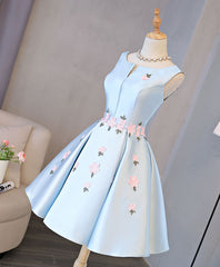 Homecomming Dress Long, Blue Satin Applique Short Prom Dress, Blue Homecoming Dress