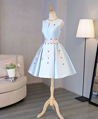 Homecoming Dress 2028, Blue Satin Applique Short Prom Dress, Blue Homecoming Dress
