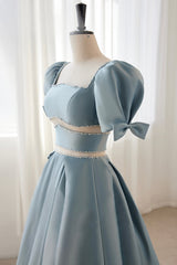 Bridesmaid Dress Sale, Blue Satin Beaded Long Prom Dress, Blue Short Sleeve Evening Dress