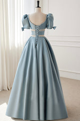 Bridesmaid Dress Custom, Blue Satin Beaded Long Prom Dress, Blue Short Sleeve Evening Dress