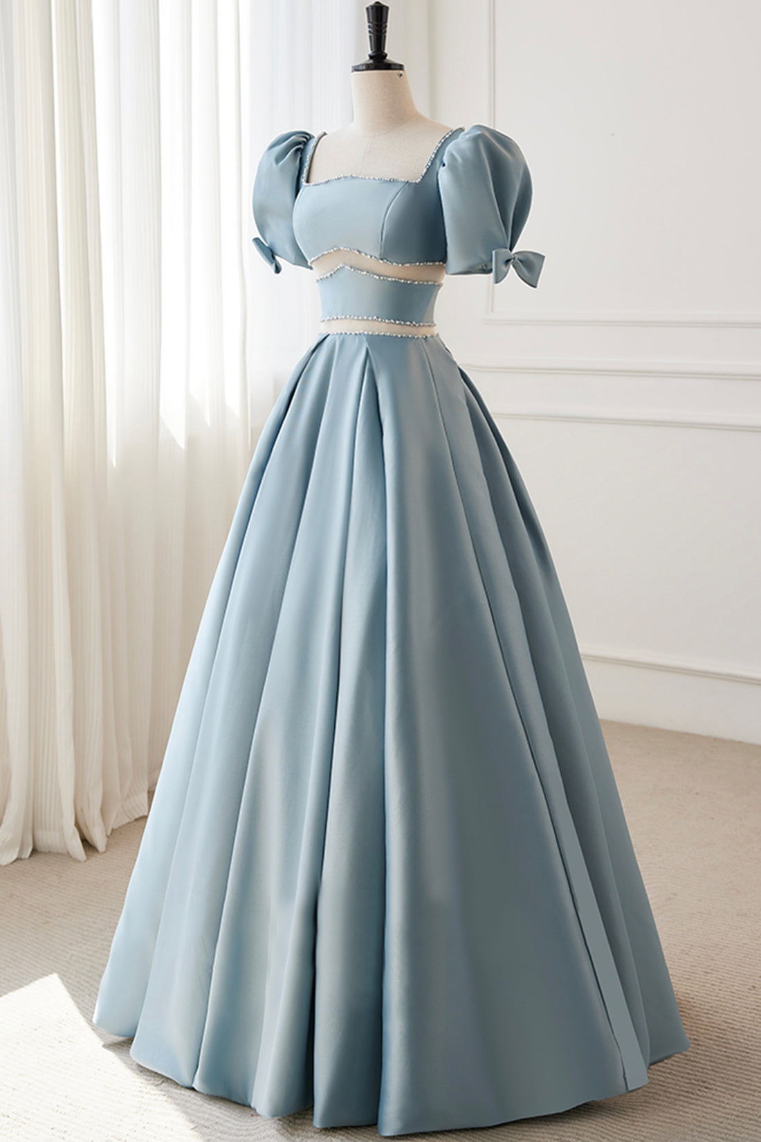 Bridesmaid Dress Shops, Blue Satin Beaded Long Prom Dress, Blue Short Sleeve Evening Dress
