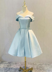 Party Dress Luxury, Blue Satin Cute Short Homecoming Dress, Off Shoulder Party Dress