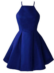 Homecoming Dress Websites, Blue Satin Halter Knee Length Bridesmaid Dress, Royal Blue Homecoming Dress