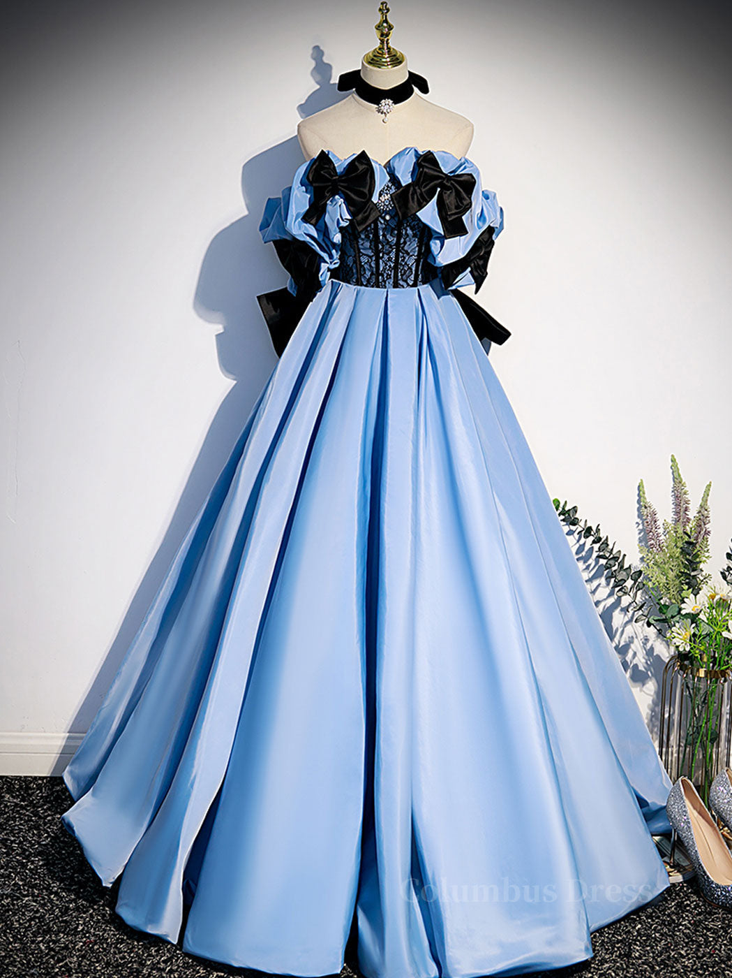 Prom Dresses Ballgown, Blue satin lace long prom dress blue satin evening dress