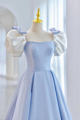 Party Dress For Wedding, Blue Satin Long A-Line Prom Dress, Lovely Short Sleeve Formal Evening Dress