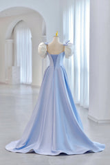 Party Dresses For Wedding, Blue Satin Long A-Line Prom Dress, Lovely Short Sleeve Formal Evening Dress